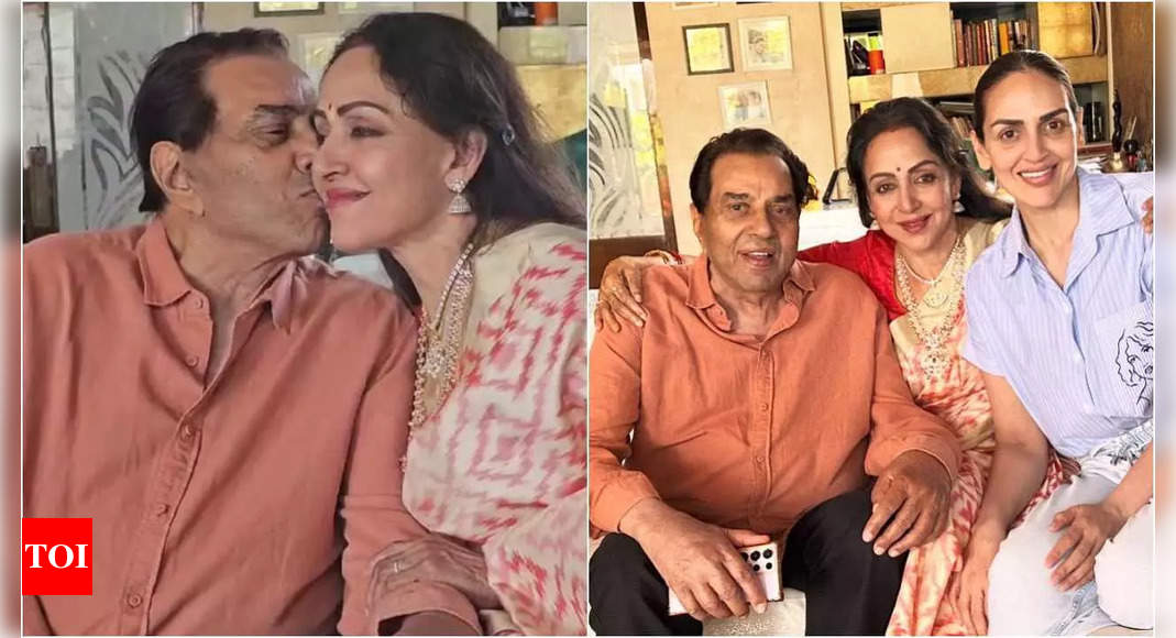 Dharmendra plants a kiss on Hema Malini’s cheeks in unseen pictures from their 44th wedding anniversary, Esha Deol joins them | Hindi Movie News – Times of India