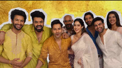 'Sunny Sanskari Ki Tulsi Kumari': Varun Dhawan, Janhvi Kapoor, Karan Johar and others participate in puja and pose for happy pictures at muhurat - WATCH