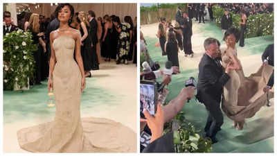Tyla had to be CARRIED up Met Gala stairs in sculpted sand gown - WATCH viral video
