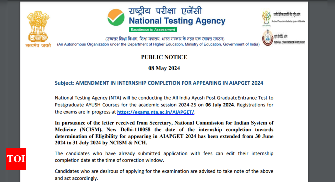 NCISM extends AIAPGET 2024 internship deadline till July 31: NTA issues notice – Times of India