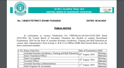 CBSE Recruitment exam date 2024 out for Group A, B, and C posts; Design, Multimedia & Mass Comm posts cancelled