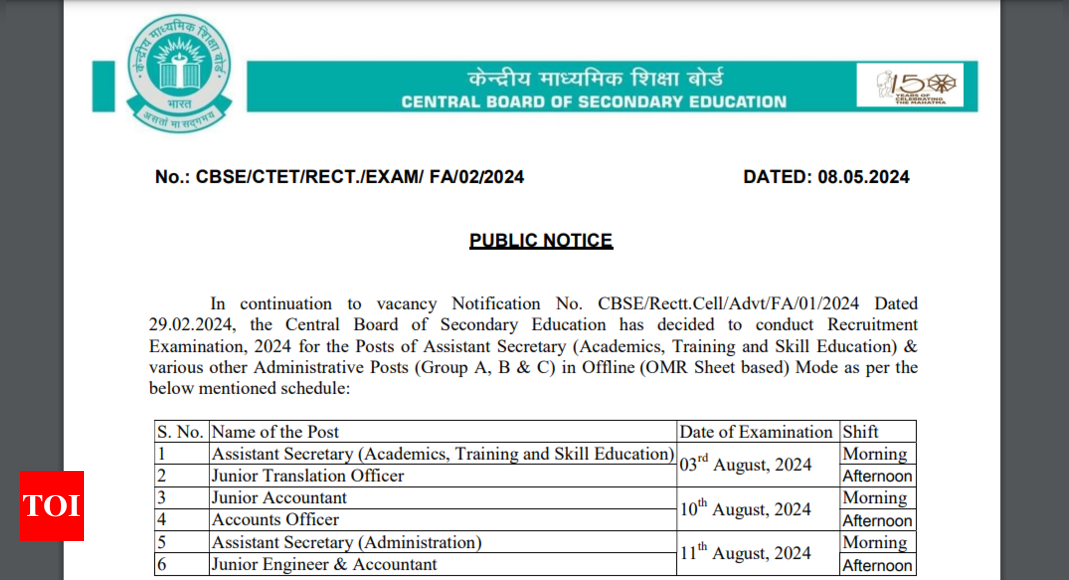 CBSE Recruitment exam date 2024 out for Group A, B, and C posts; Design, Multimedia & Mass Comm posts cancelled |