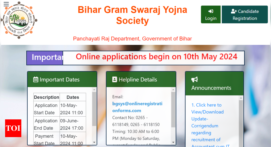Bihar Panchayati Raj Vibhag Recruitment 2024 begins for 6570 Accountant, IT Assistant posts: Application link, vacancy details – Times of India