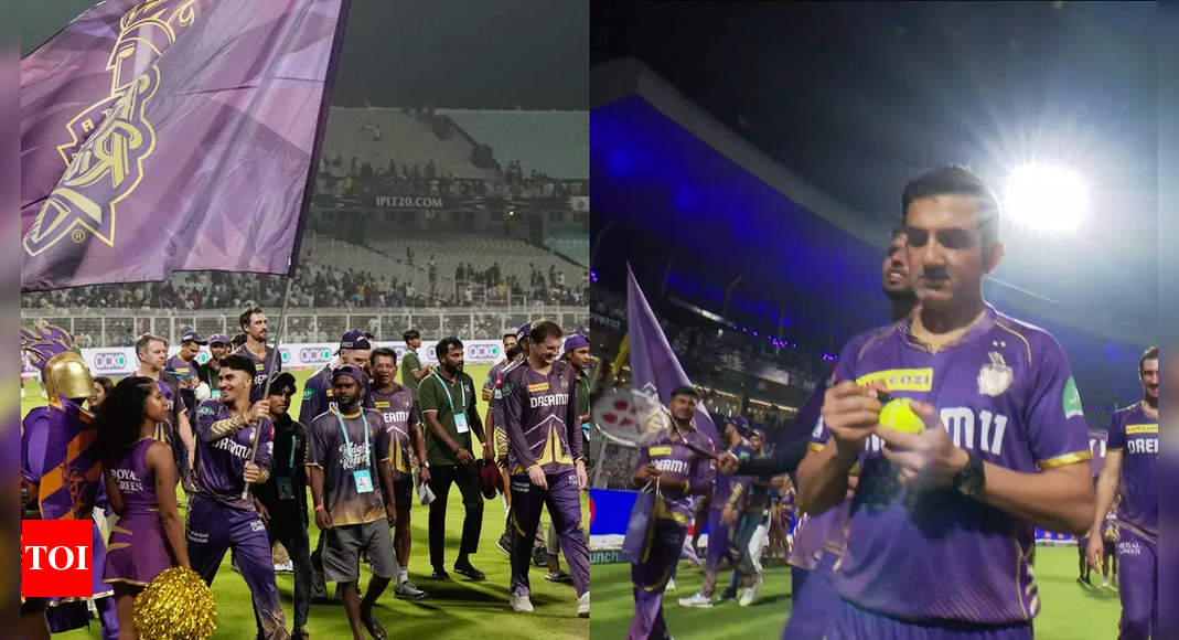 KKR take victory lap after reaching playoffs; Gautam Gambhir gives signed balls to fans – WATCH | Cricket News – Times of India