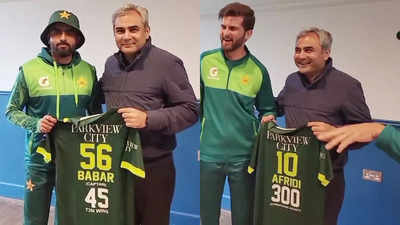 PCB chairman Mohsin Naqvi presents special jerseys to Babar Azam, Shaheen Afridi for their respective achievements