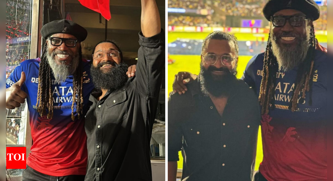 Actor Rishab Shetty poses with batsman Chris Gayle at RCB vs CSK match! | Kannada Movie News - Vimarsana News