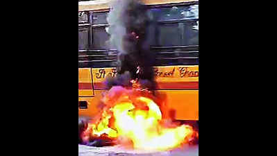 A narrow escape for kids as school bus catches fire