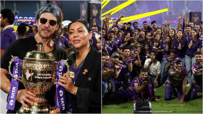 Shah Rukh Khan and Gauri Khan pose with IPL trophy, recreate Harshit Rana's flying kiss gesture with KKR team