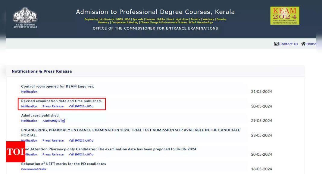 Kerala KEAM 2024: New Schedule for Engineering and Pharmacy Entrance Exams Released, Download here