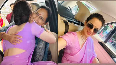 Kangana Ranaut stuns in a lilac saree, hugs her mom as she jets off for