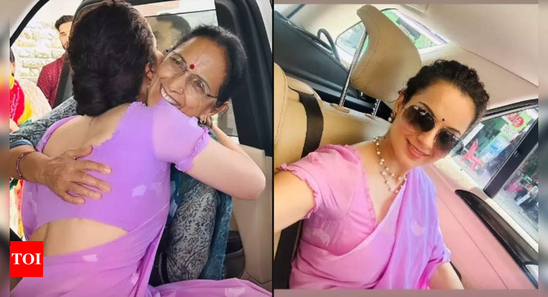 Kangana Ranaut stuns in a lilac saree, hugs her mom as she jets off for the Parliament in Delhi – PICS inside | Hindi Movie News