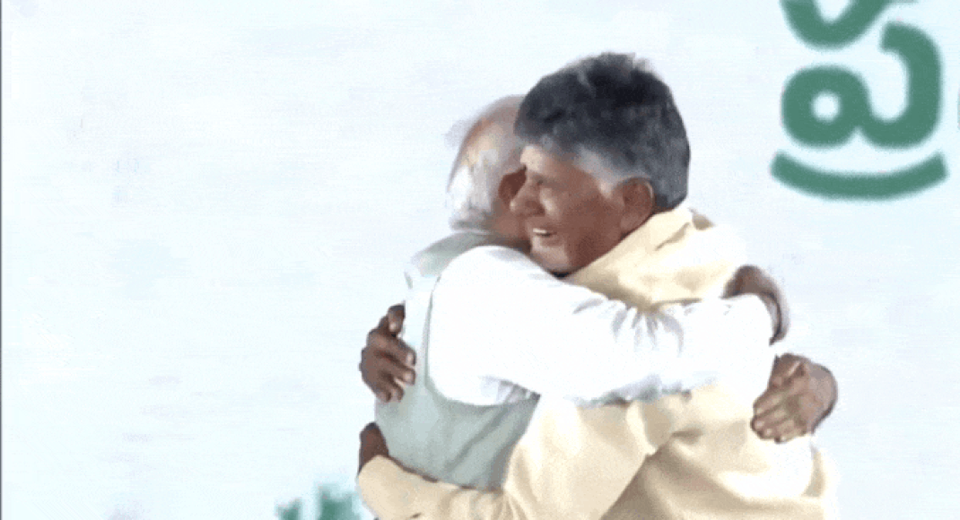 Watch: Emotional Naidu gets long hug, pat on back from PM Modi