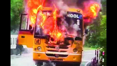 Lucky escape for 17 kids after bus catches fire in Kerala's Alappuzha