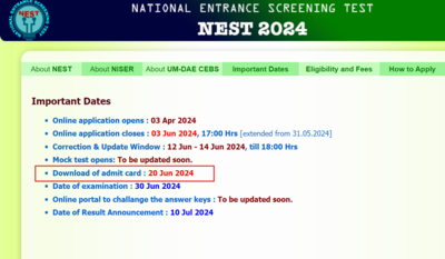 NEST 2024 admit card release re-scheduled to June 20, exam on June 30: Details here