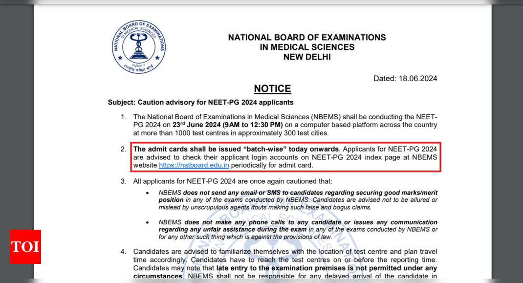 NEET PG Admit Card 2024 will be released in batches: Check NBE’s latest notice, direct link to download hall-tickets here