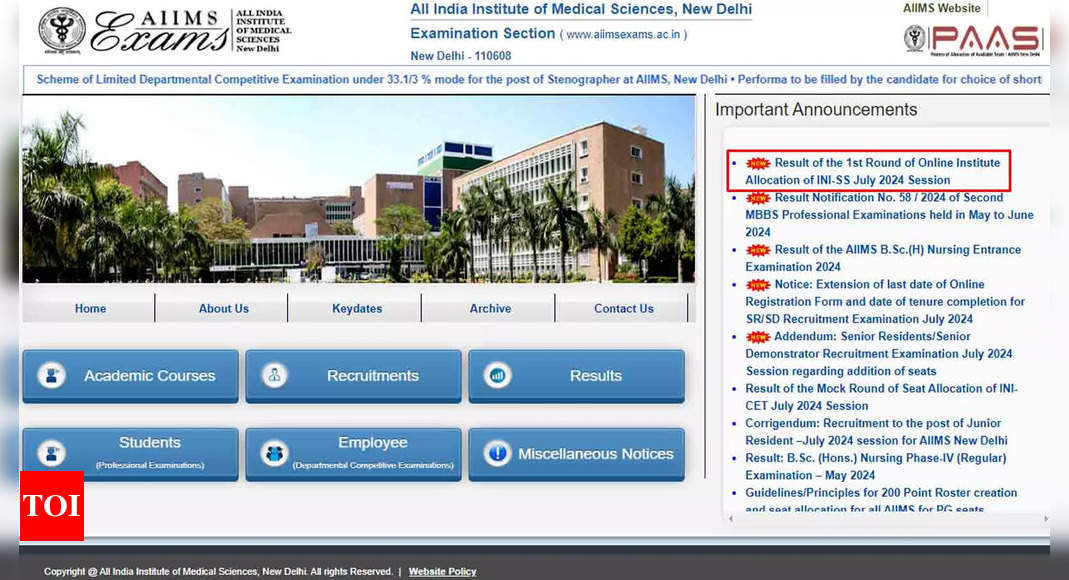 AIIMS INI SS 2024 Counselling Round 1 Seat Allotment Results Released at aiimsexams.ac.in: Check Documents Required