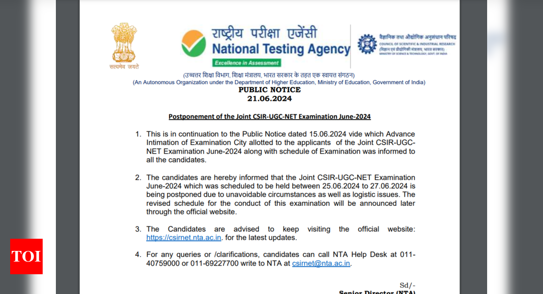 NTA postpones Joint CSIR-UGC-NET exam due to ‘unavoidable circumstances’ as well as ‘logistic issues’