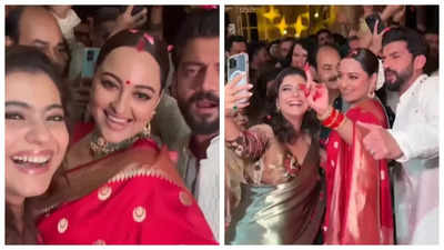 Sonakshi Sinha and Zaheer Iqbal wedding reception: Kajol can't stop gushing over bride's red saree look as they pose together for a selfie