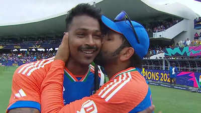 Jay Shah hugs, lifts Hardik Pandya, Rohit Sharma kisses him after India's title triumph. Watch