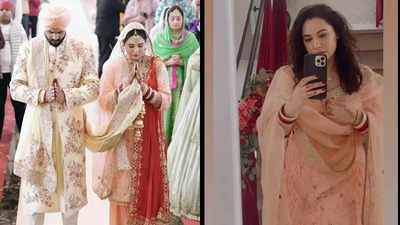 Mandy Takhar stuns in sustainable fashion: Repeats wedding suit at brother's Anand Karaj