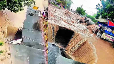 Watch: Road caves-in on outskirts of Ahmedabad after heavy rainfall