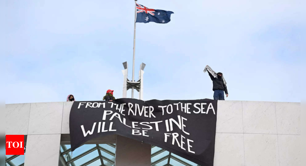 Pro-Palestine supporters climb roof of Australia’s Parliament House