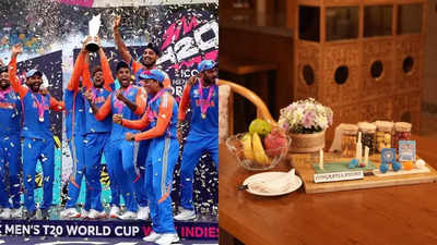 Watch pics: Team India, T20 WC champions welcomed with personalised pics, chocolate bats