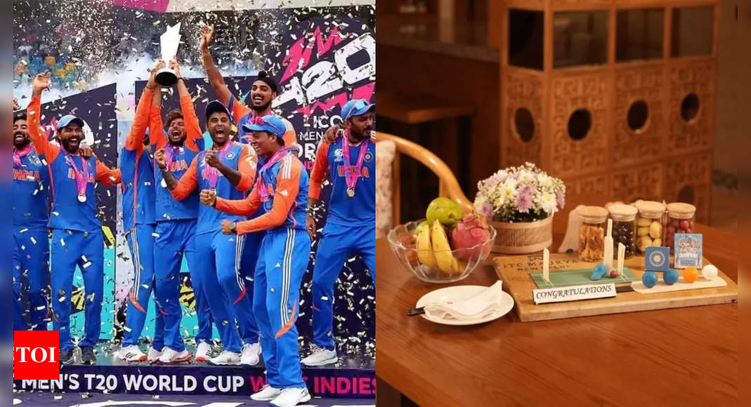 Watch pics: Team India, T20 WC champions welcomed with personalised pics, chocolate bats – Times of India