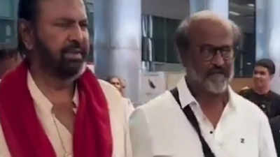 Mohan Babu receives Rajinikanth at the Hyderabad airport as the 'Jailer' actor arrives for the 'Coolie' shoot