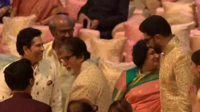 Sachin Tendulkar touches Amitabh Bachchan's feet, hugs Abhishek Bachchan at the Ambani wedding; netizens gush over Rajinikanth, Big B, and Master blaster in one frame - WATCH video