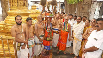 Lord Venkateswara goes through books of accounts on the eve of 'Anivara Asthanam' annual fest at Tirumala