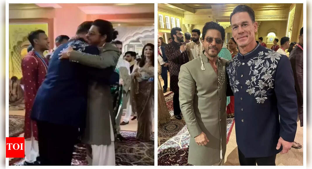 अनंत अंबानी और राधिका मर्चेंट की शादी के बीटीएस क्लिप में जॉन सीना और शाहरुख खान गले मिलते हुए – देखें |