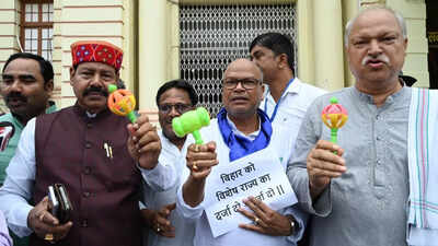 Opposition MLAs in Bihar assembly protest Centre's denial of special status demand with baby rattles and toys, leading to chaos and adjournments Special status denial: Opposition teases JD(U) govt with jhunjhuna, toys in Bihar assembly