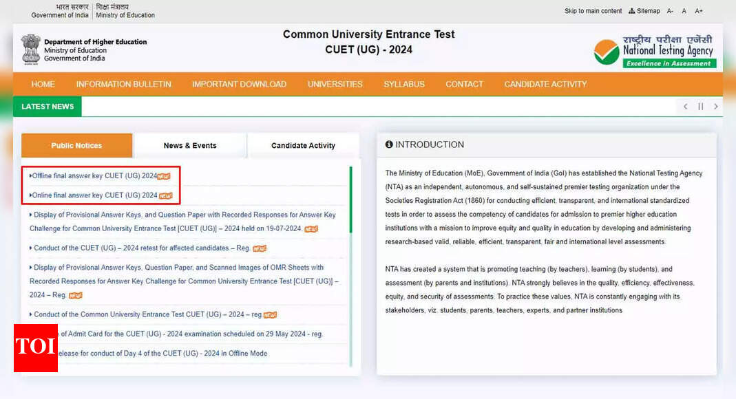 Final Answer Key for CUET UG 2024 Released, Check Direct Links Here ...
