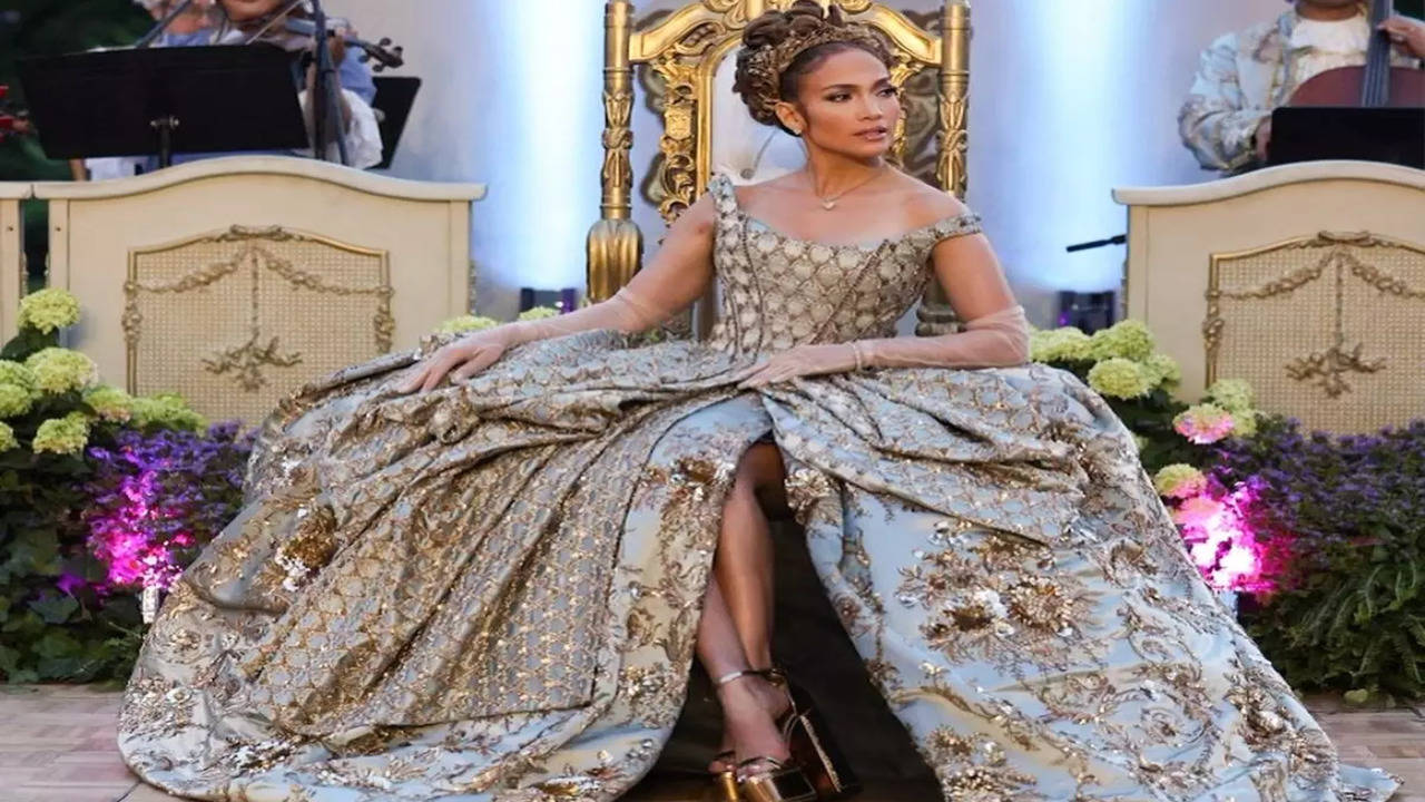 Jennifer Lopez s Bridgerton themed birthday party Jennifer Lopez s Manish Malhotra gown took 3 490 hours to make Times of India