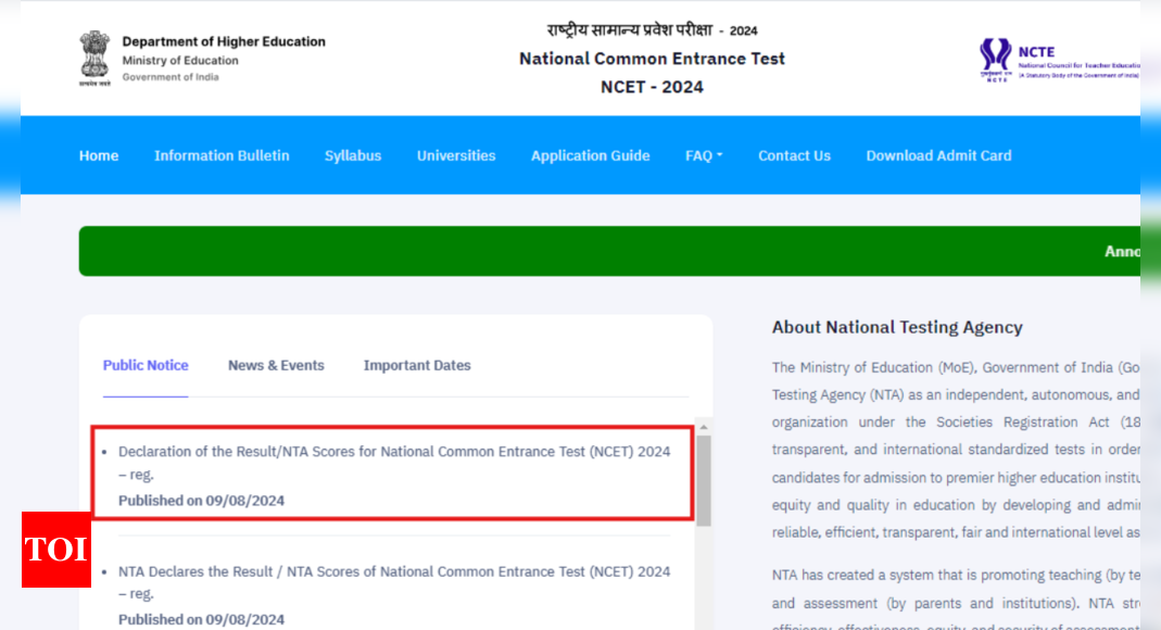 NCET 2024 Result declared Direct link to check Times of India