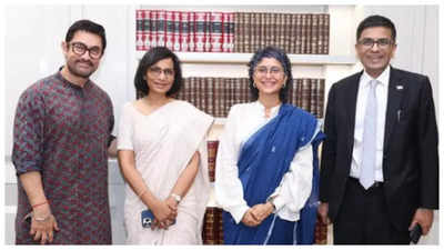 Aamir Khan and Kiran Rao pose with CJI Chandrachud at 'Laapataa Ladies' supreme court screening