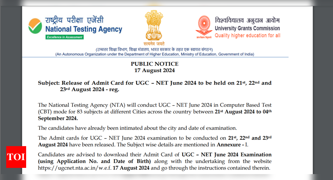 UGC NET June 2024 Admit Cards Released for August 21-23 Exams: Direct link to download here