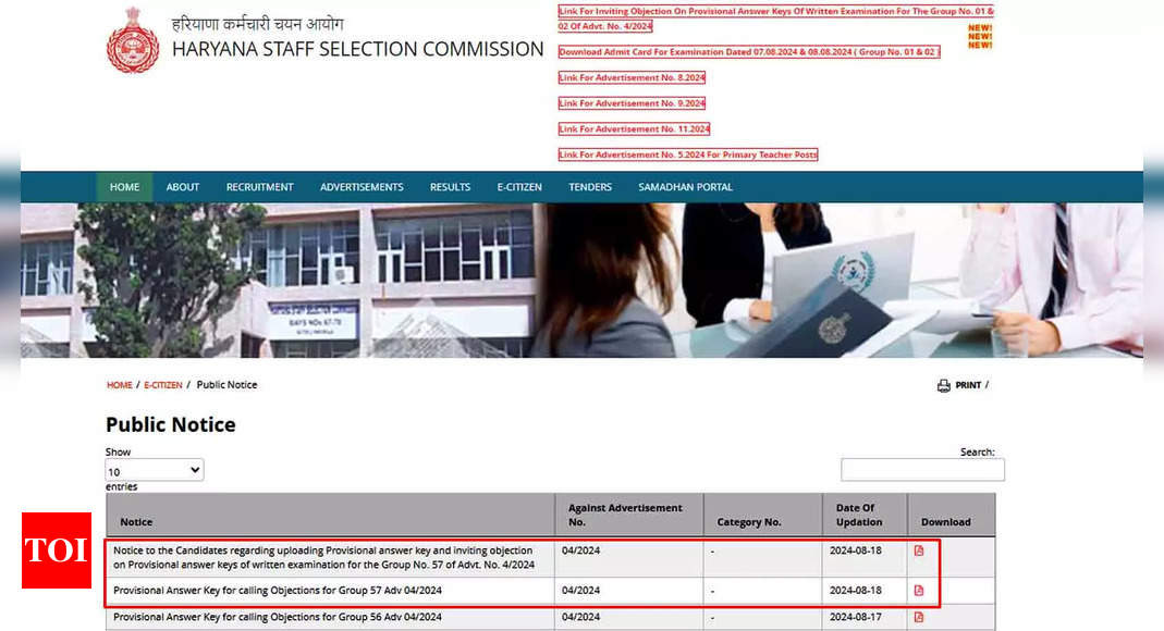 HSSC Releases Provisional Answer Key for Group No. 57 CET Mains Exam 2024; Download Here