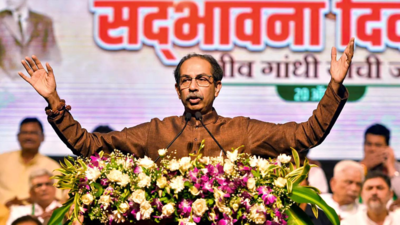 Shiv Sena (UBT) Chief Uddhav Thackeray addresses the gathering on birth anniversary of former PM Rajiv Gandhi (ANI photo) Bal Thackeray criticised Rajiv but ED did not harass him: Uddhav Thackeray