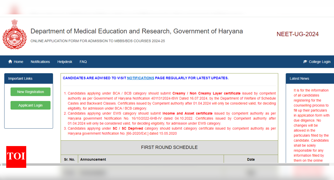 Haryana NEET UG 2024 Counselling begins, here’s the direct link to apply: Check seat-allotment schedule here