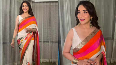 Madhuri Dixit Nene stuns in multicoloured sari by Rohit Bal