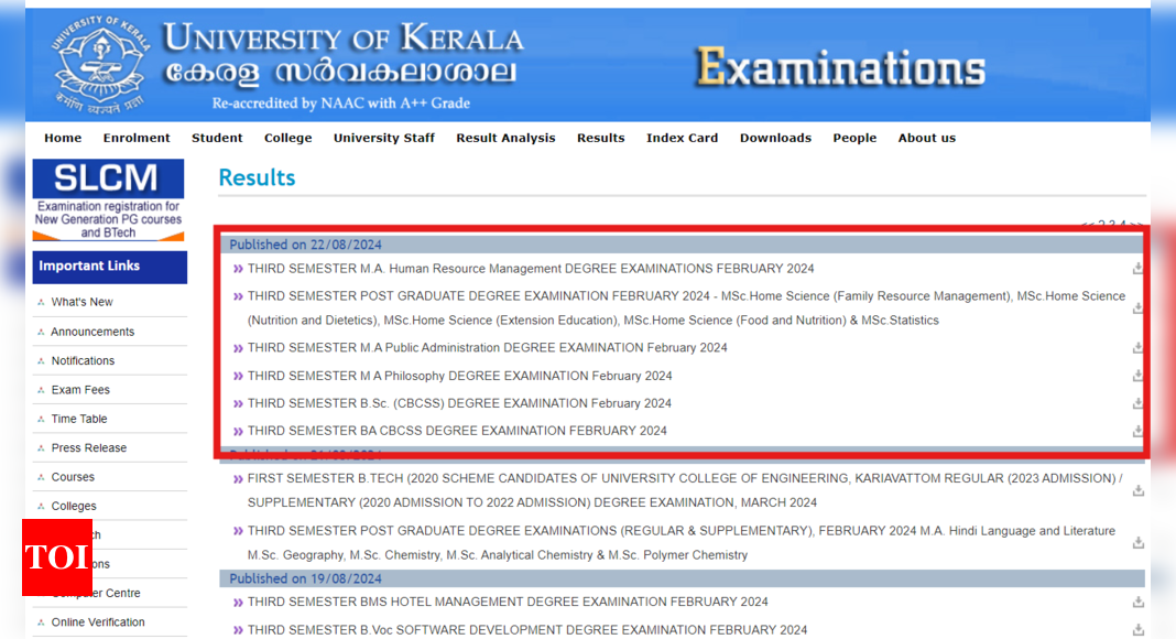 Kerala University Third Semester Results 2024 Declared for MA, BA, BSc Courses: Here are the direct links to check