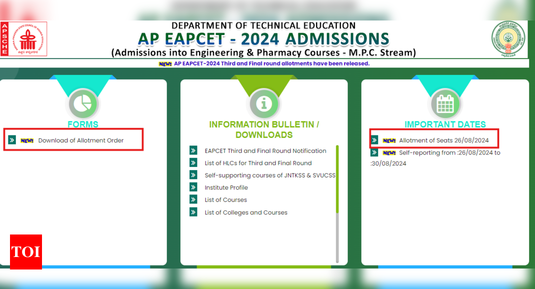 AP EAMCET counselling 2024 third round seat allotment results out at eapcet-sche.aptonline.in: Check direct link here