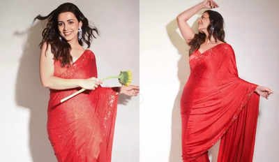 Esha Kansara looks wow in red saree at 'Fakt Purusho Maate' screening