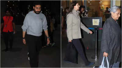 Abhishek Bachchan, Shweta Bachchan Nanda and Jaya Bachchan spotted at Mumbai airport, fans miss Aishwarya Rai Bachchan and Aaradhya