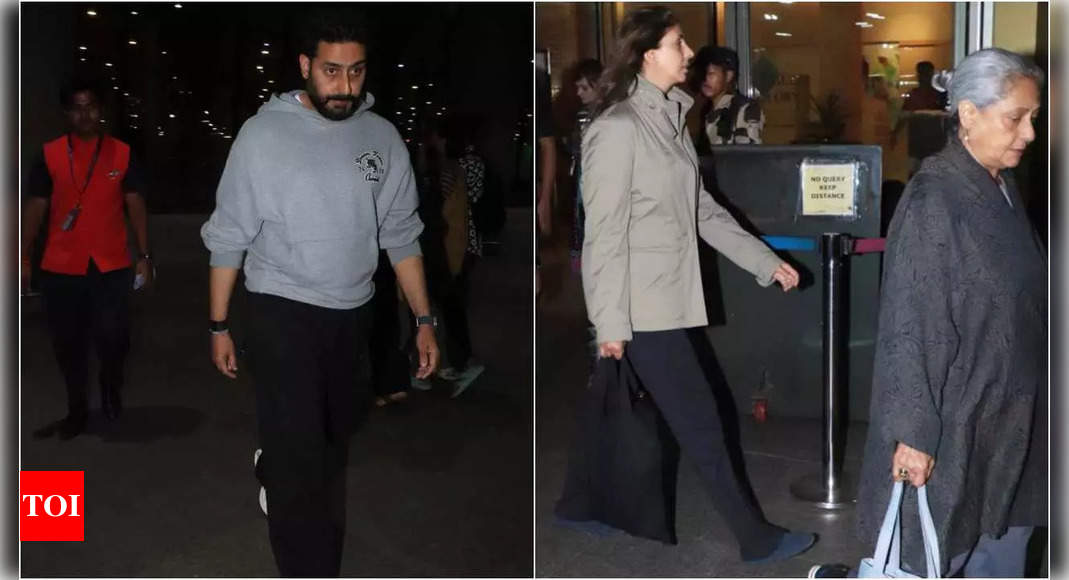 Abhishek Bachchan, Shweta Bachchan Nanda and Jaya Bachchan spotted at Mumbai airport, fans miss Aishwarya Rai Bachchan and Aaradhya | Hindi Movie News