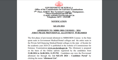 Kerala NEET UG Counselling 2024 Phase 1 provisional allotment result announced for MBBS, BDS: Direct link, steps to check