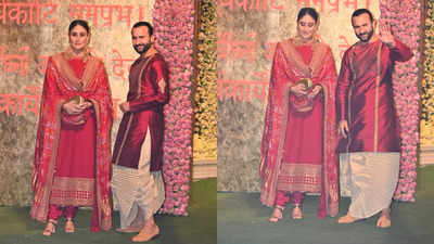 Kareena Kapoor-Saif Ali Khan twin in red, as latter revisits Bengali roots by donning a dhoti kurta - Times of India