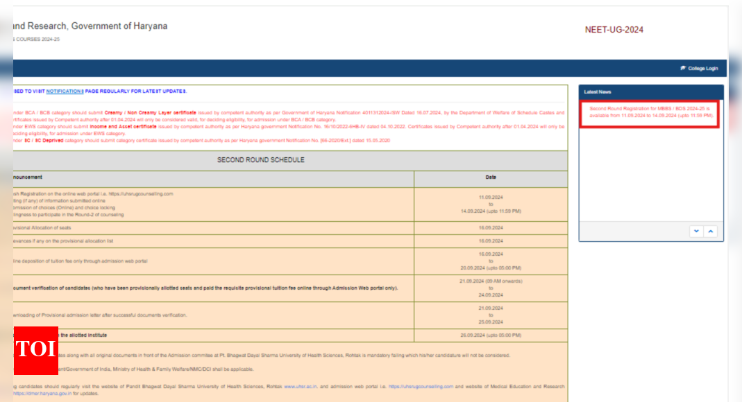 Haryana NEET UG Counselling 2024 Round 2 registration begins: Check full schedule, direct link here
